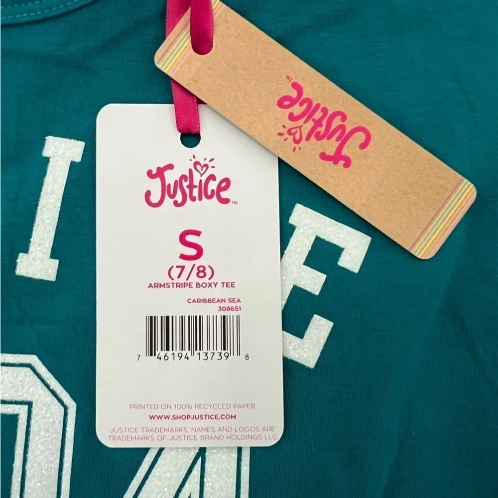 Girls Justice boxy crop tee/ teal/ white glitter letter SZ 7/8 NWT